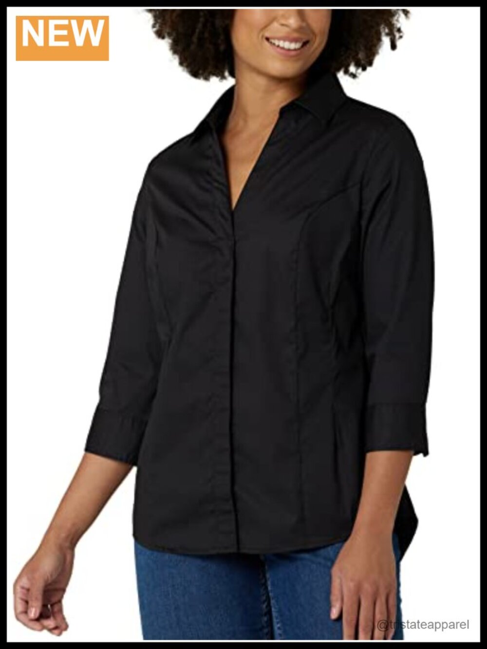 Women's Easy Care 3/4 Sleeve Woven Button Down Shirt Cotton Blend Wrinkle-Free